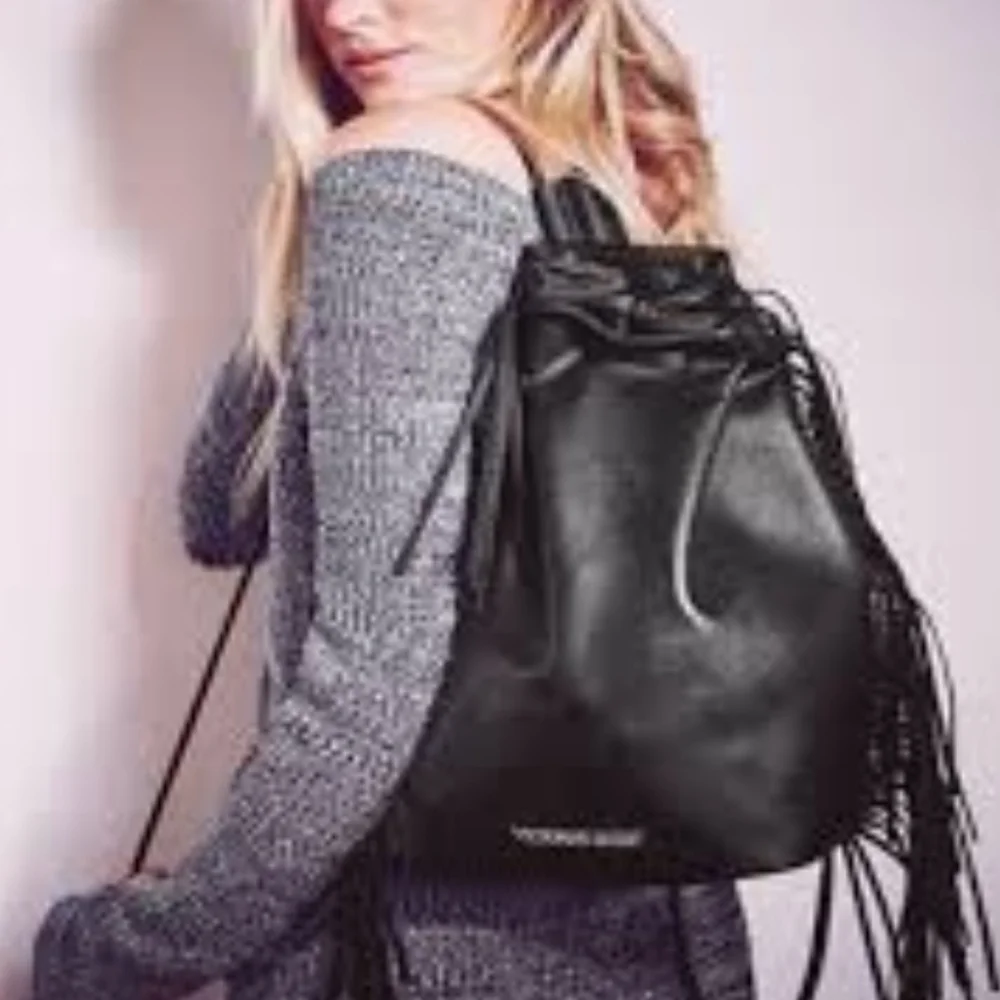 Victoria's Secret VS Black Faux Leather Western Boho Fringe Backpack NWT - Picture 2 of 16